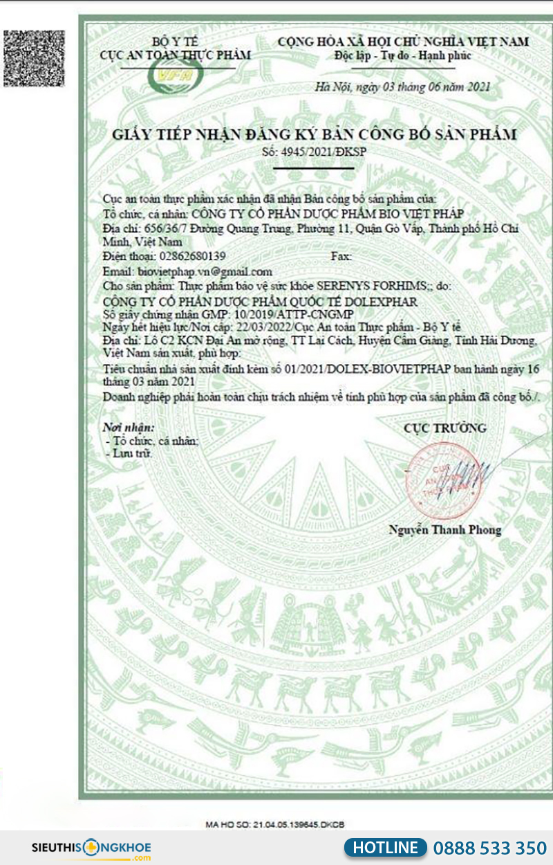 giấy chứng nhận của serenys optimus