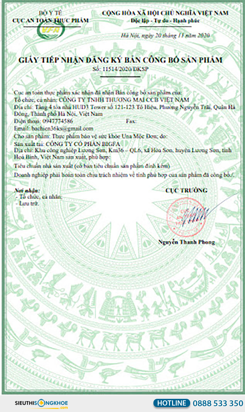 giấy chứng nhận của una mộc đơn