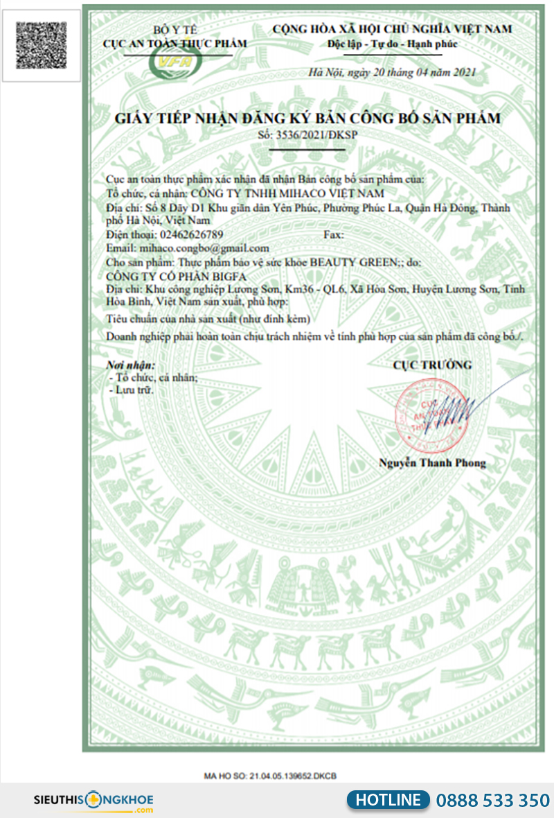 giấy chứng nhận của beauty green