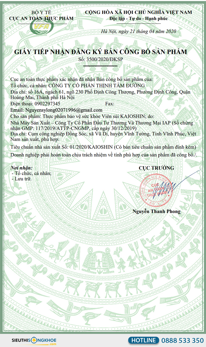giấy chứng nhận của viên sủi kaioshin