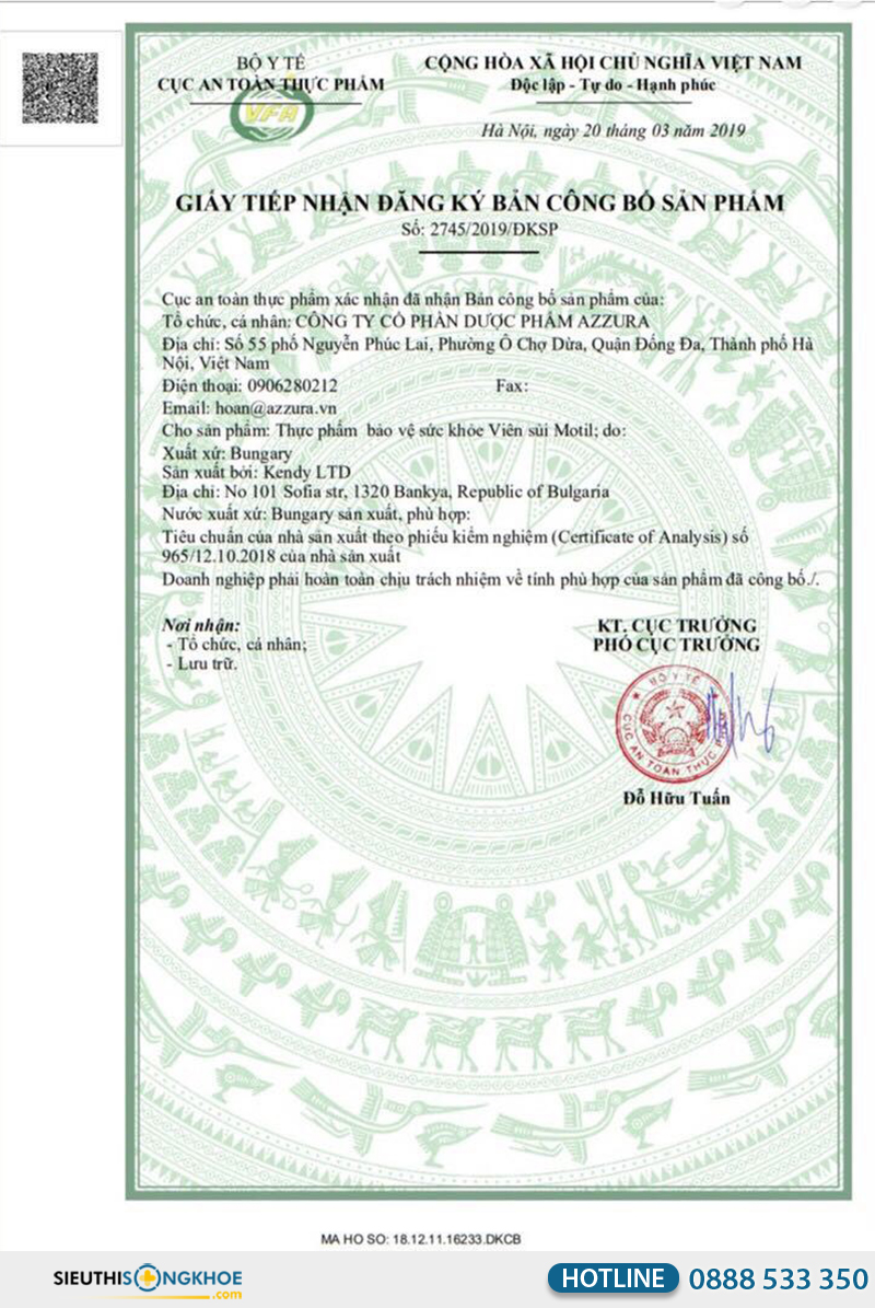 giấy chứng nhận viên sủi motil