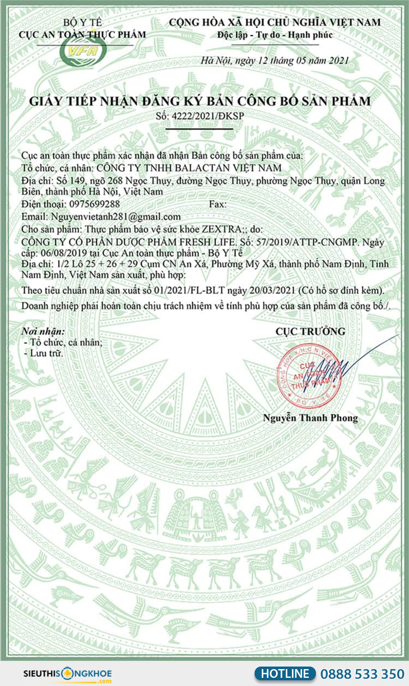 giấy chứng nhận của viên sủi zextra