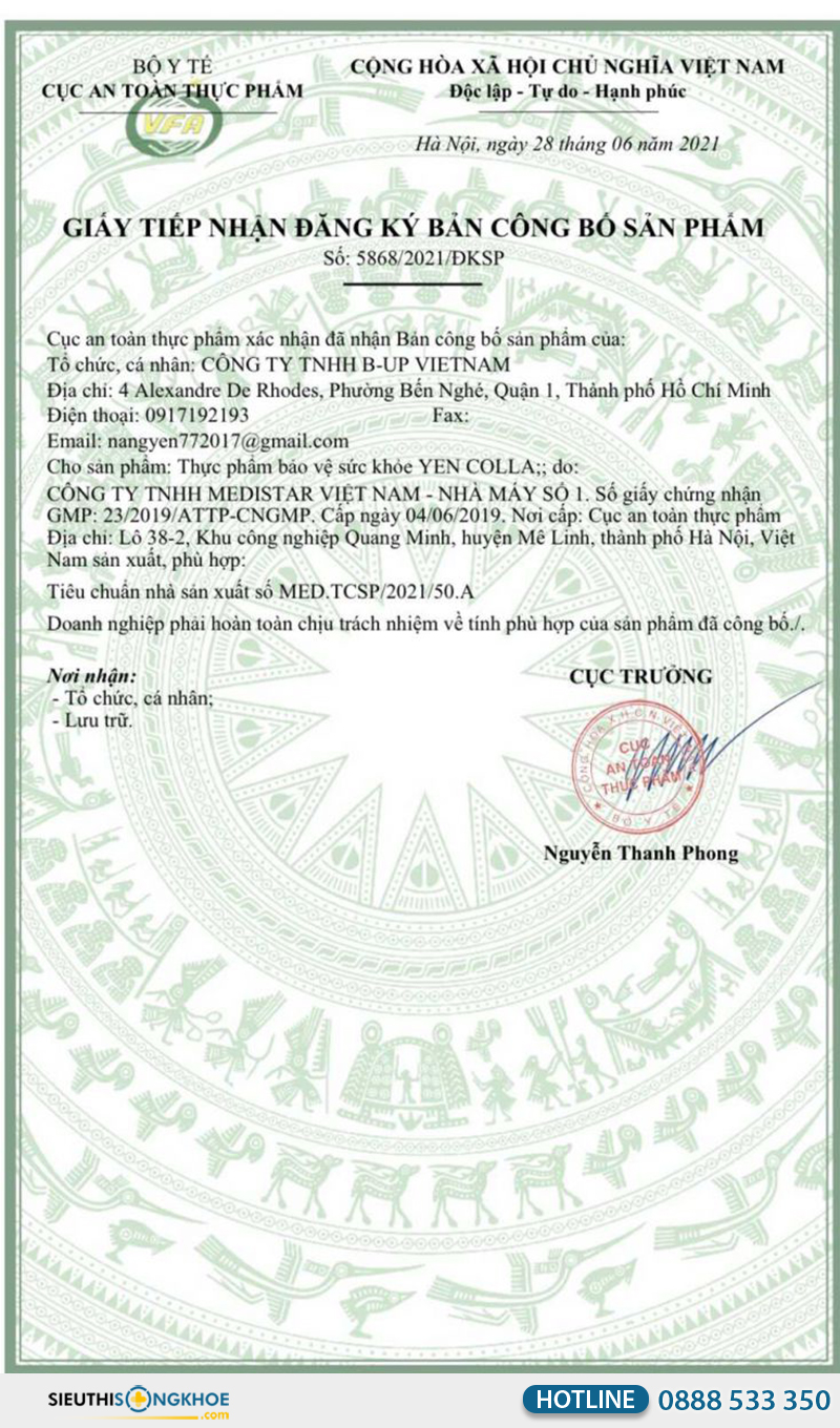 giấy chứng nhận của yencolla