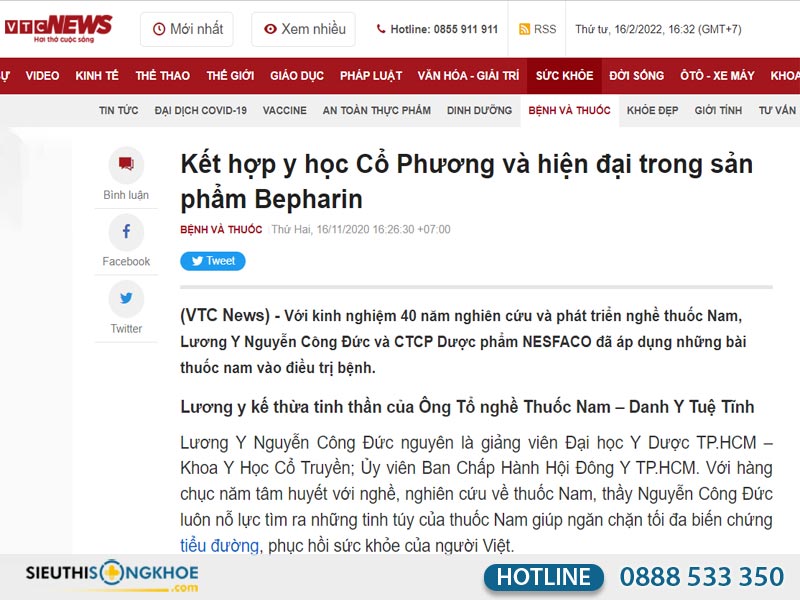 báo vtc new đưa tin về sản phẩm bepharin