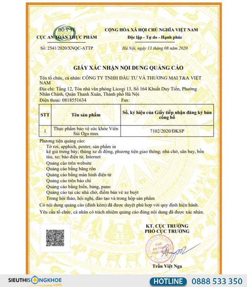 giấy chứng nhận đăng ký sản phẩm oga max
