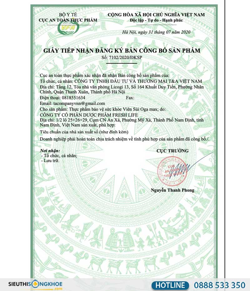 giấy chứng nhận đăng ký công bố sản phẩm oga max