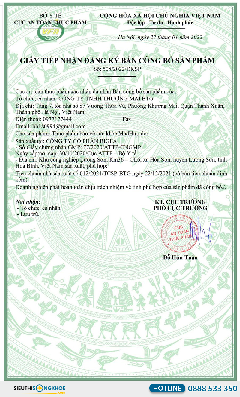 giấy chứng nhận viên uống madhu