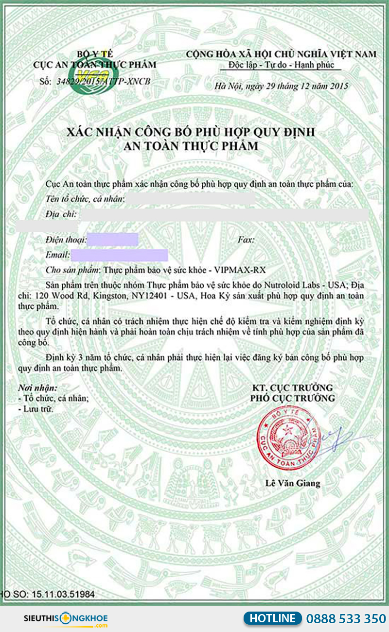 giấy chứng nhận của vipmax