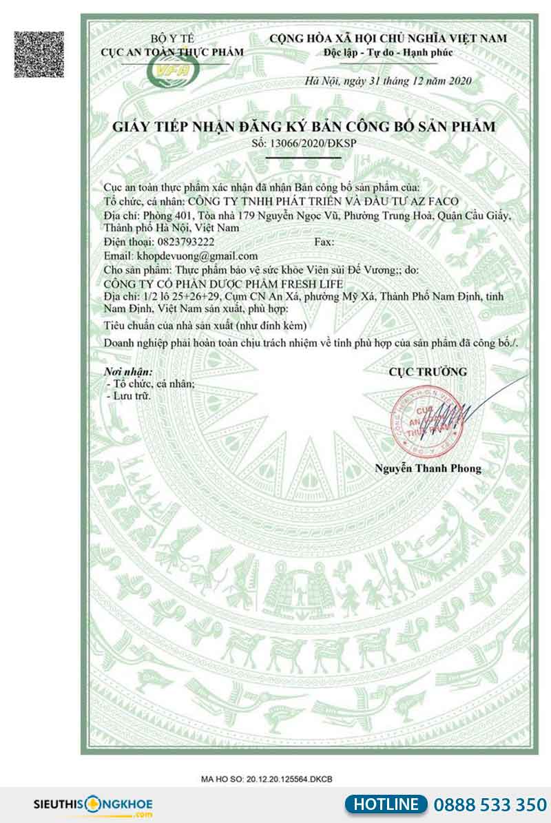 giấy chứng nhận của viên sủi đế vương