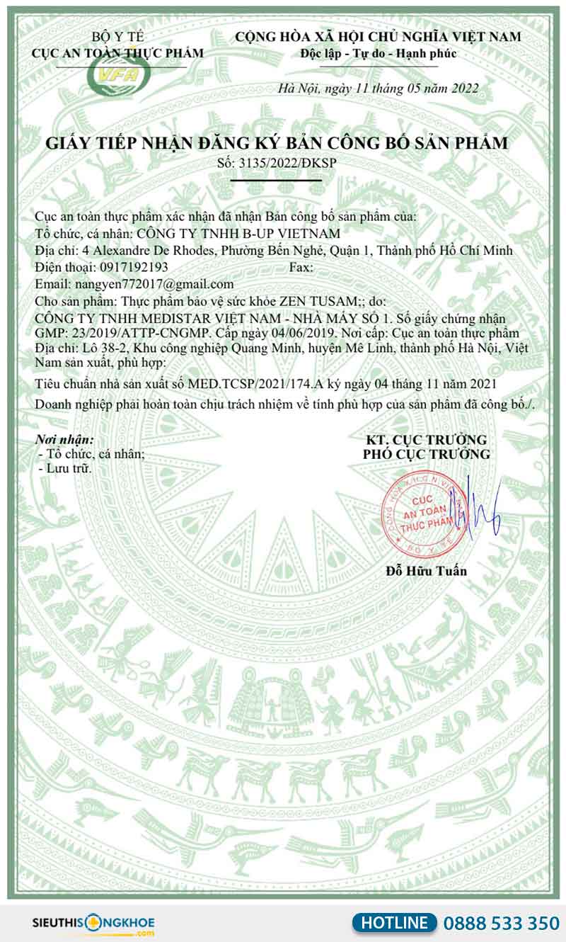 giấy chứng nhận nước yến sào zen tusam