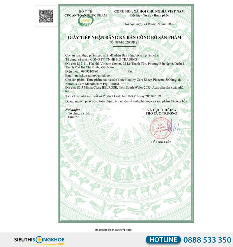 giấy chứng nhận của healthy care sheep placenta 5000mg