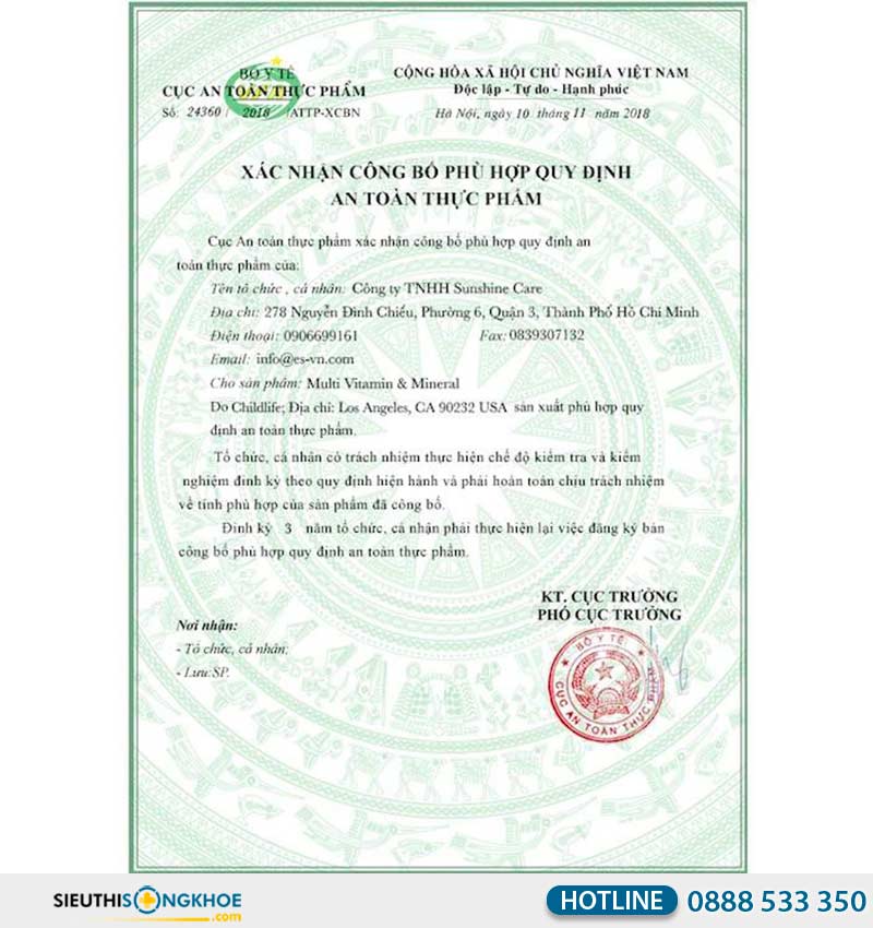 giấy chứng nhận của childlife multi vitamin & mineral