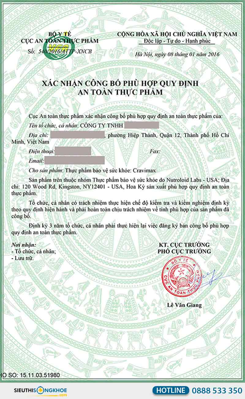 giấy chứng nhận của cravimax usa
