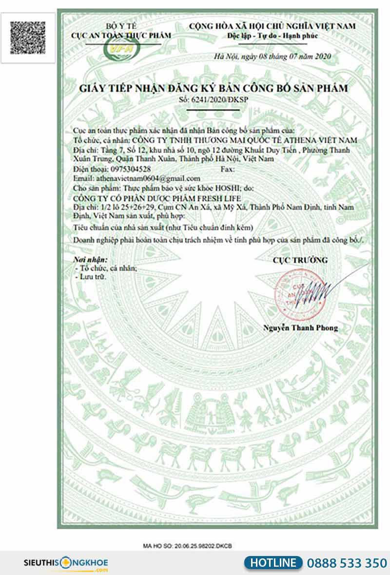 giấy chứng nhận của viên sủi hoshi