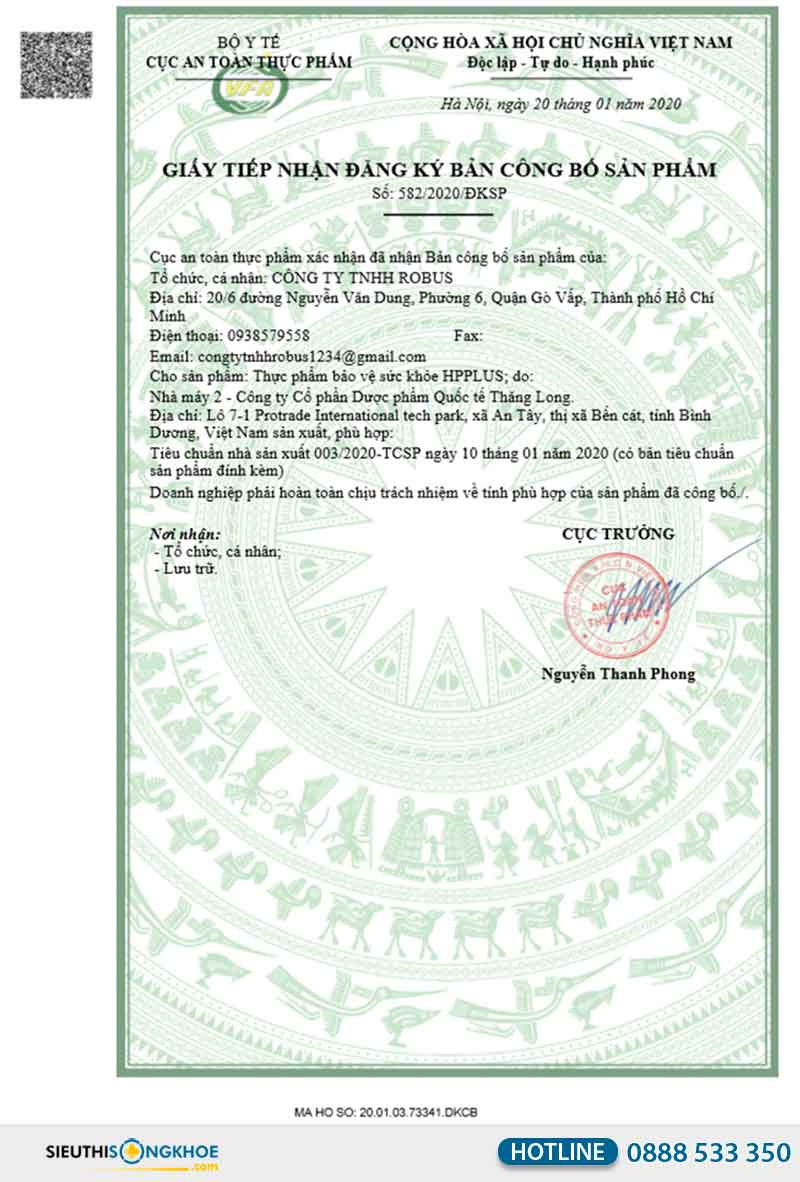 giấy chứng nhận của dạ dày hpplus