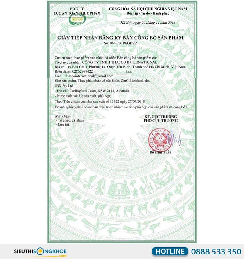 giấy chứng nhận của bioisland zinc