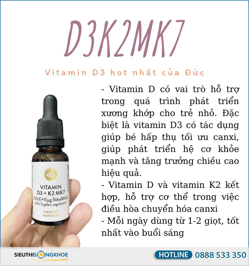 công dụng Vitamin D3 K2 MK7 Sunday Natural cho trẻ sơ sinh