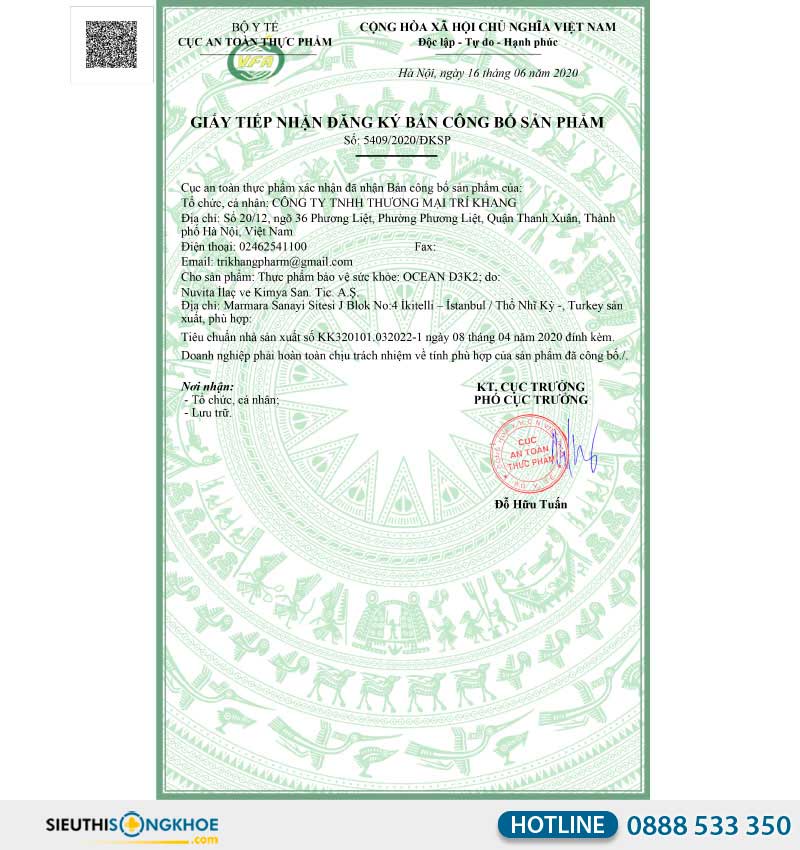 giấy chứng nhận của ocean d3k2