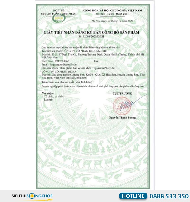 giấy chứng nhận của topvizion plus
