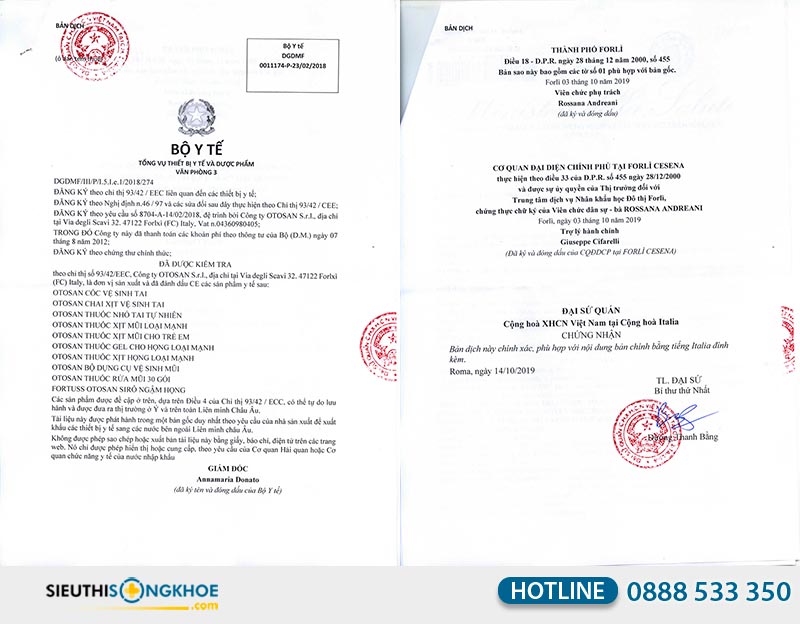 giấy chứng nhận otosan nasal wash kit