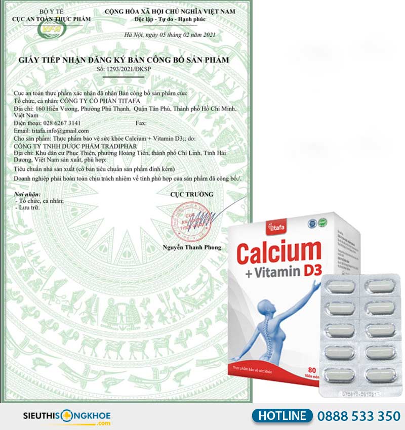 giấy chứng nhận calcium + vitamin d3 titafa