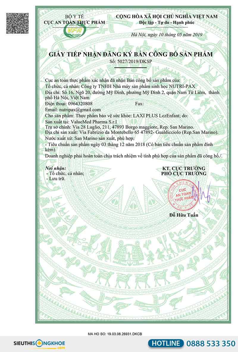 giấy chứng nhận của laxi plus lezenfant