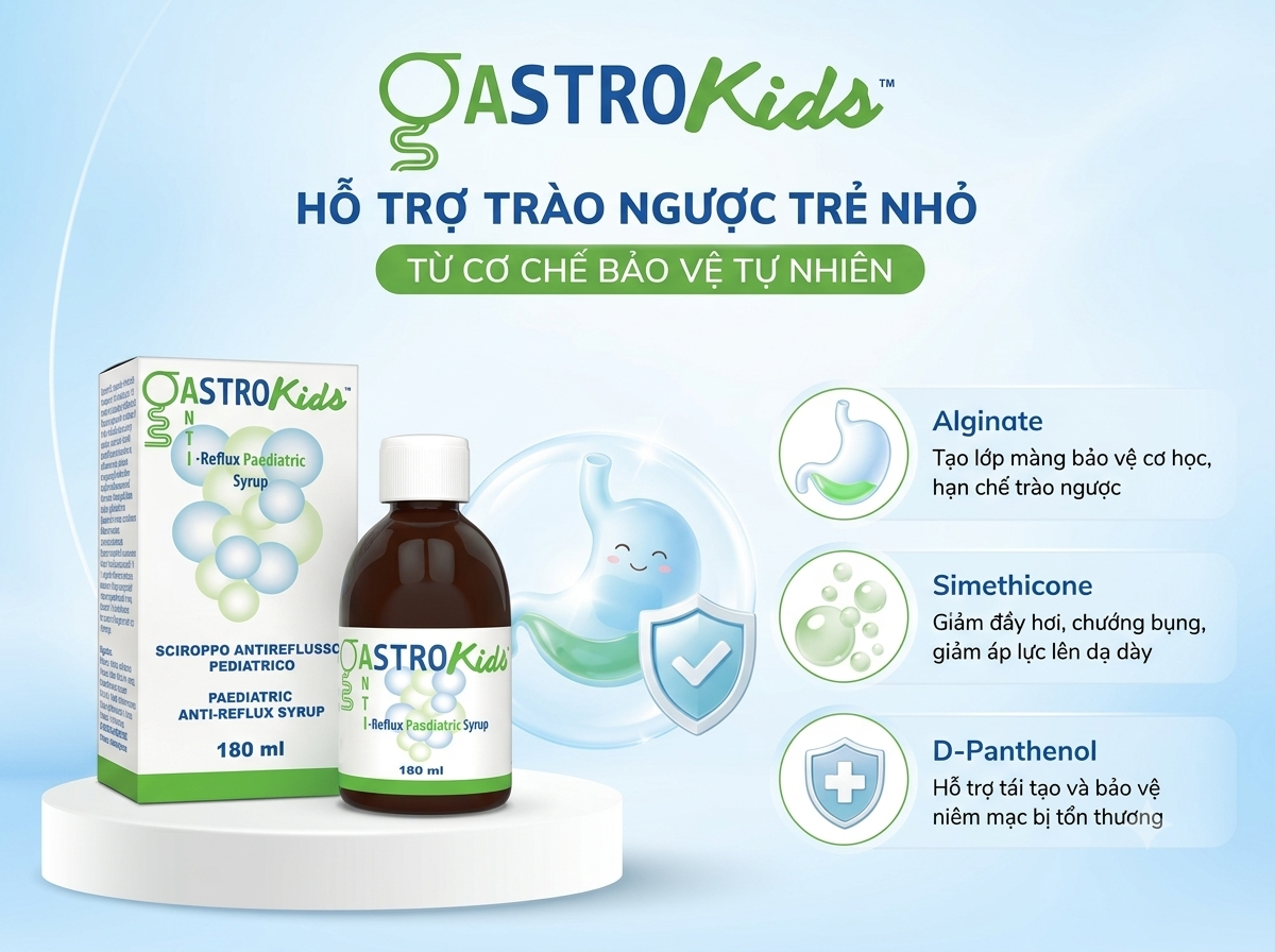 Gastrokids kết hợp các thành phần hỗ trợ kiểm soát trào ngược, giảm triệu chứng khó chịu và bảo vệ niêm mạc tiêu hóa, góp phần chăm sóc toàn diện hệ tiêu hóa còn non yếu của trẻ